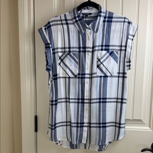 George Button Down Shirt Navy & White Plaid Women's Cap Sleeve Size M